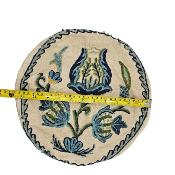 Vintage Handmade Crewel Embroidery Round Pillow Cover 12" Blue Thistle Design - Picture 3 of 14